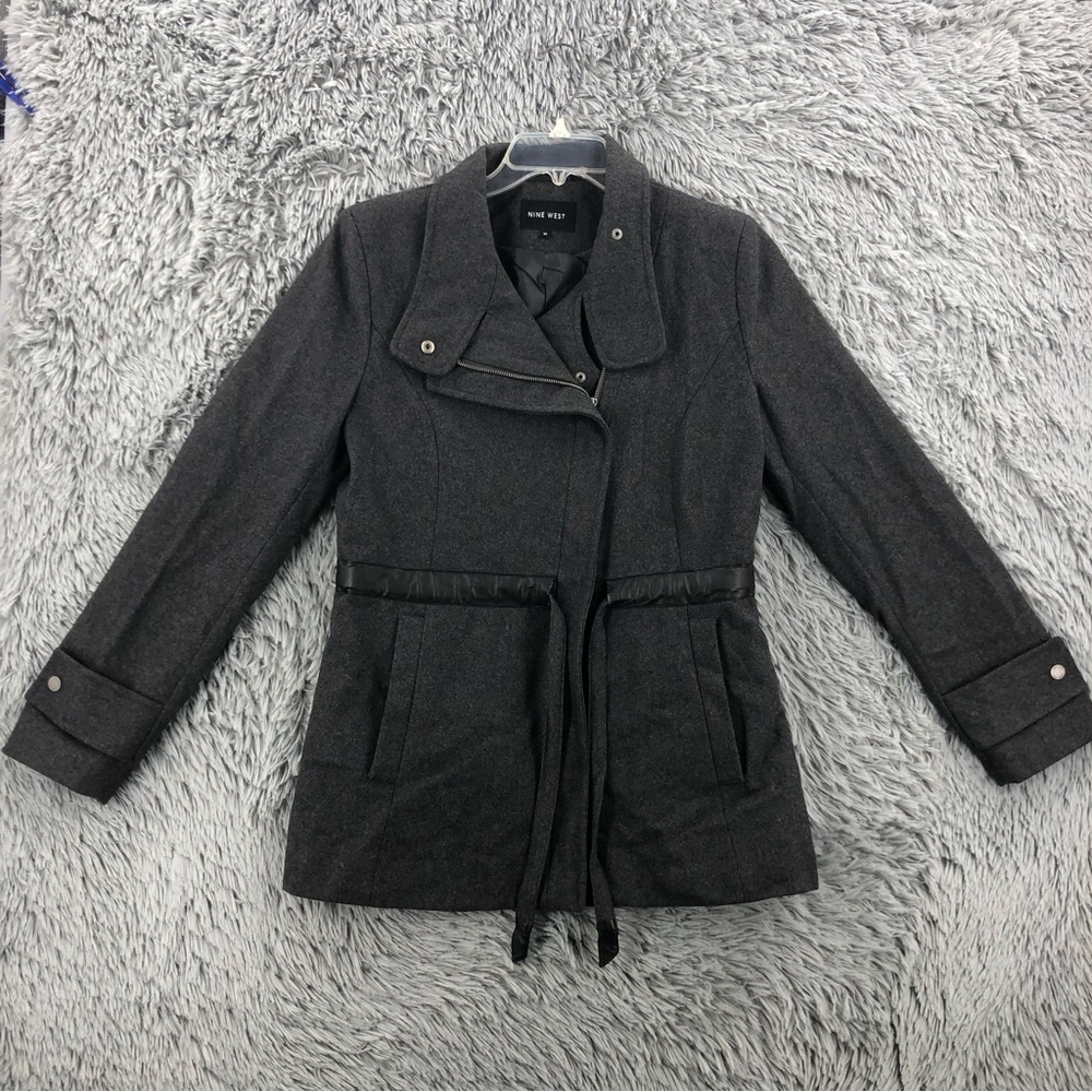 Nine West Coat Womens Medium Wool Blend Gray Tie Waist Pockets Jacket Cinch